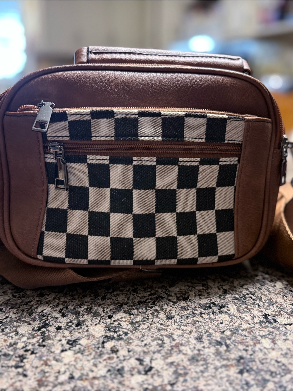 Brown Checker Canvas Crossbody Bag